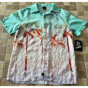 Boys Art Class Button Down Shirt M White Green Palm Tree